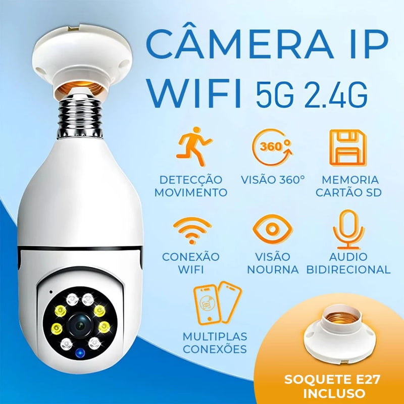 Câmera Wi-fi de Segurança 360 graus IP sem fio com encaixe lampada bocal E27 visão noturna microfone Yoosee- Bivolt